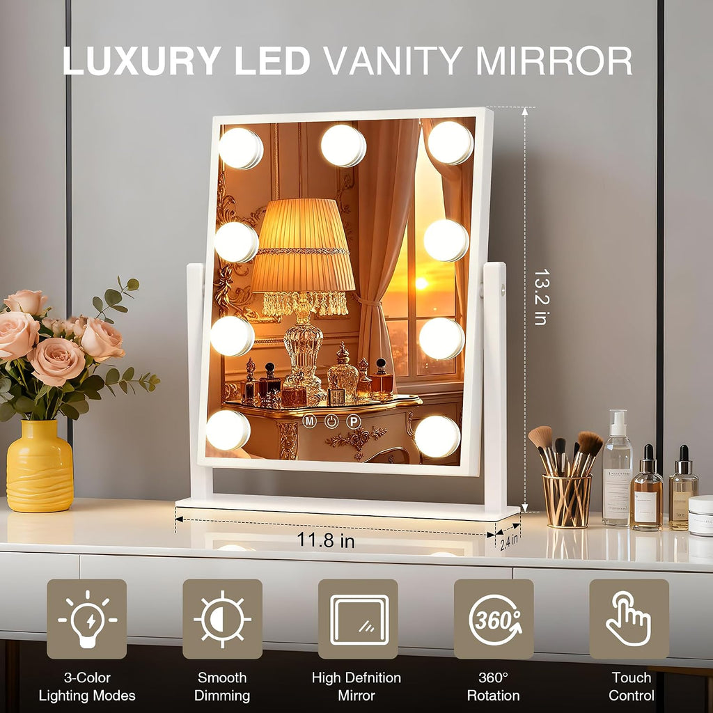 Makeup mirror with lights,Hollywood Vanity Mirror with 9 LED Bulbs，12" x 13.2" Plug in Makeup Mirror for Desk,Smart Touch Control 3Colors Dimmable, light up mirror for makeup,Bedroom,Tabletop,White