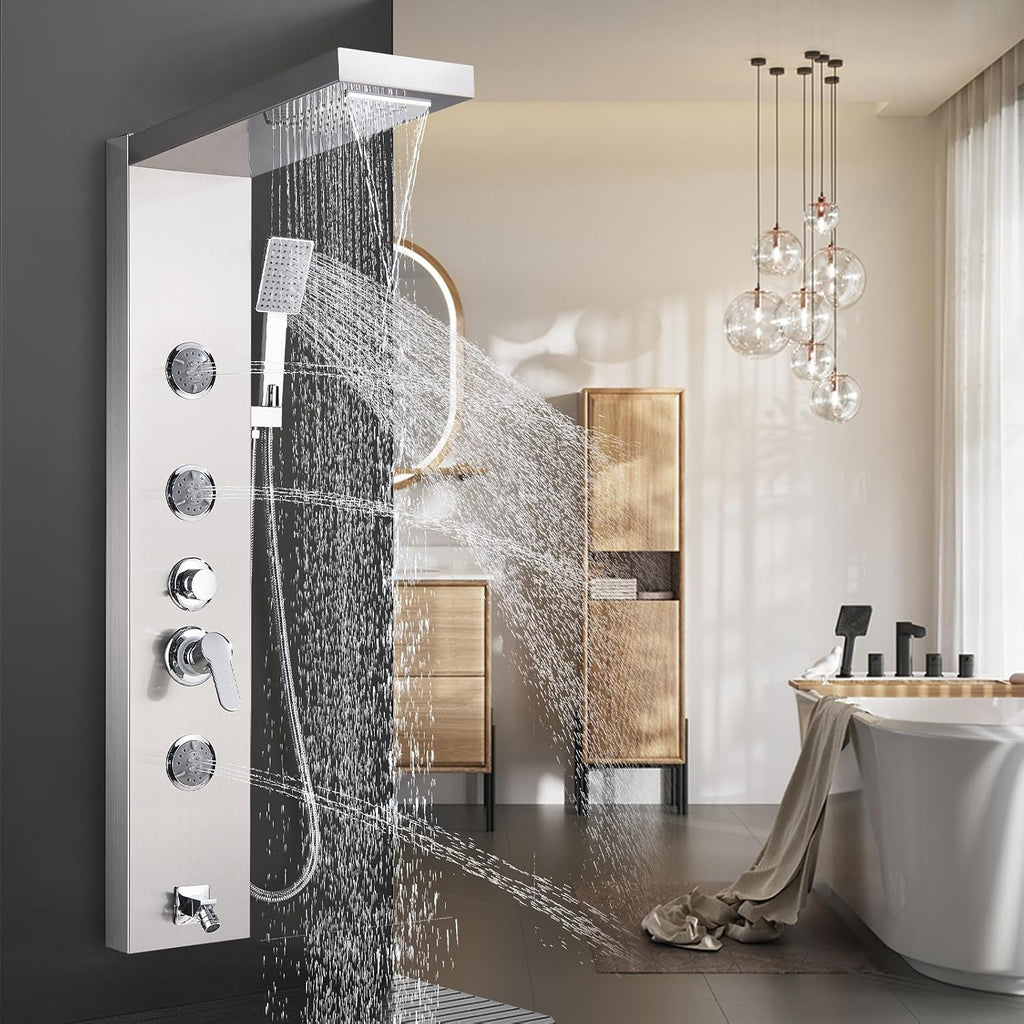 Shower Panel Massage Jets Rainfall Waterfall Shower Head, Shower Stainless Steel Wall Mount Massage Multi-Function Bathroom Shower Panel Tower System, Brushed Nickel……