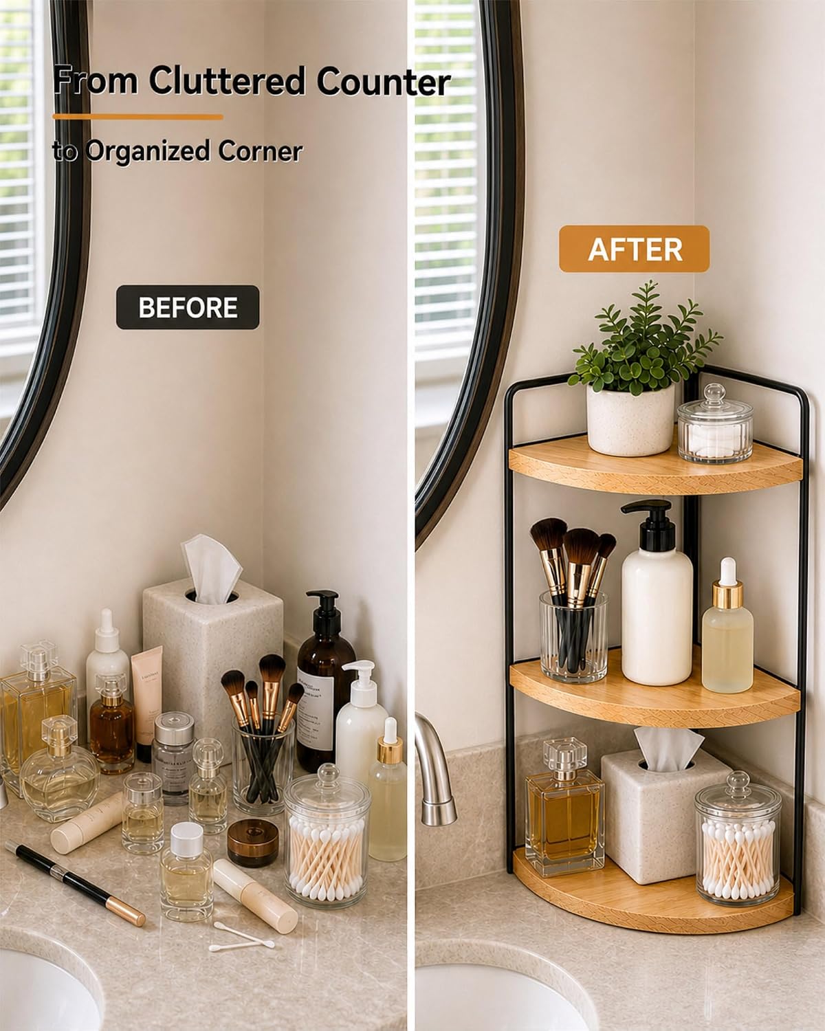 3-Tier Corner Bathroom Countertop Organizer, Solid Pine Wood Vanity Shelf