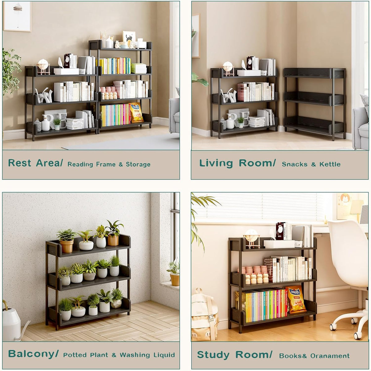 OSCHF Wide Open Shelf Bookcase, 3-Tier, Full Black