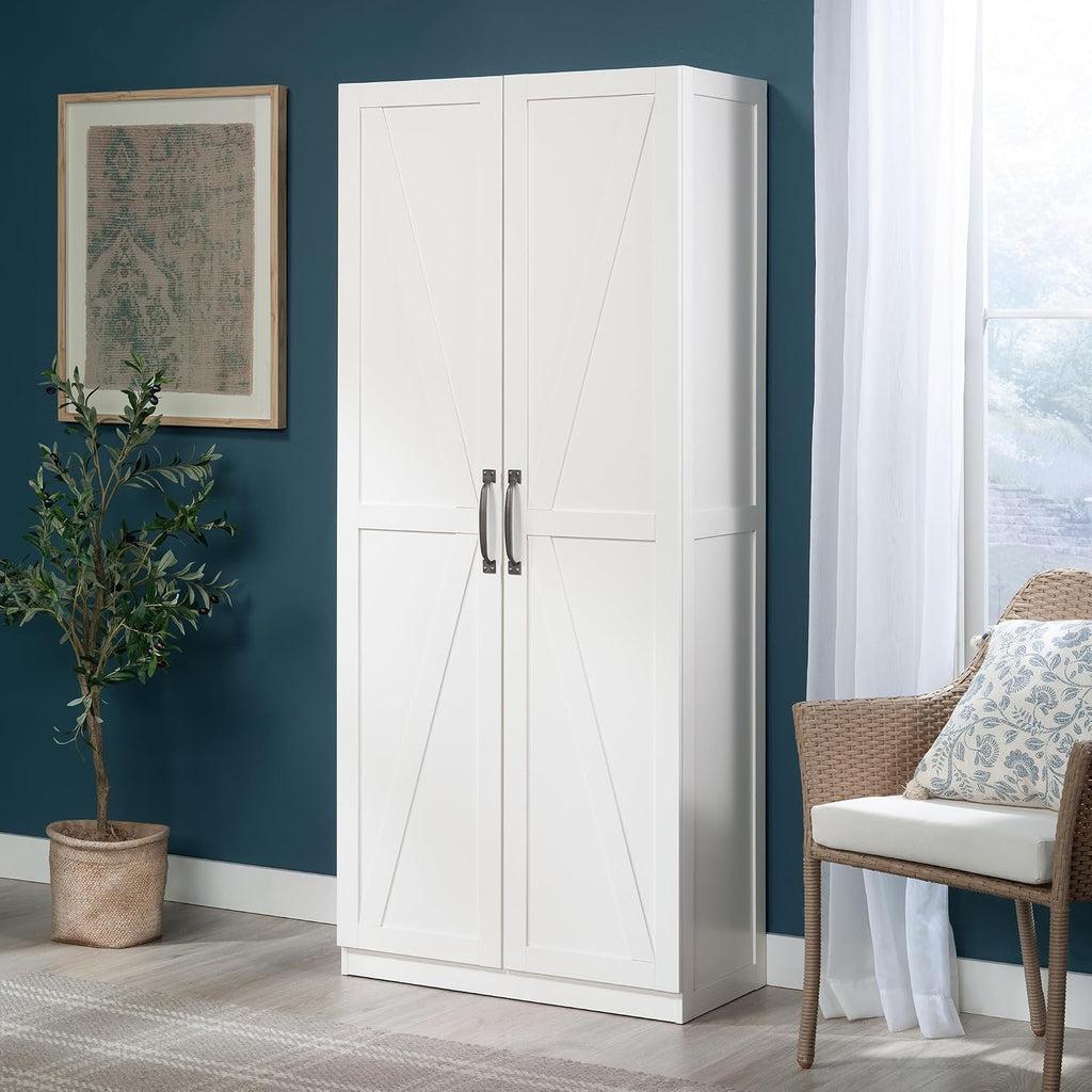 Sauder HomePlus Farmhouse Multipurpose Storage Cabinet Tall Pantry with Adjustable Shelves, in White Finish