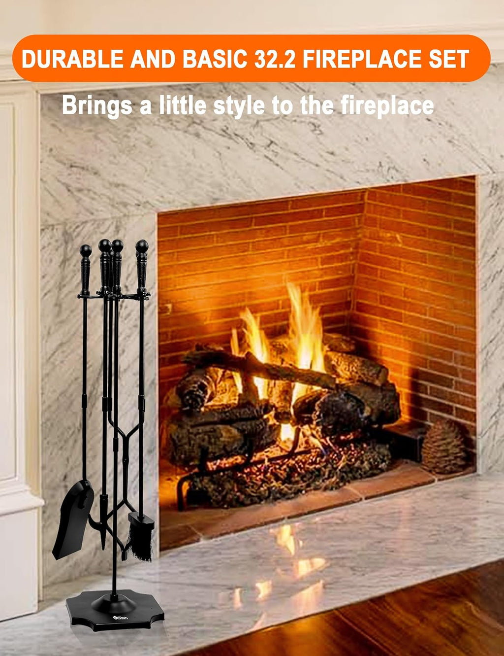 Large 5 Pcs Fireplace Tools Set Black Fire Place Tools Indoor Outdoor Fire Place Poker Set with Stand, Including Fireplace Poker,Fireplace Tongs,Fireplace Shovel,Fireplace Brush and Sturdy Base