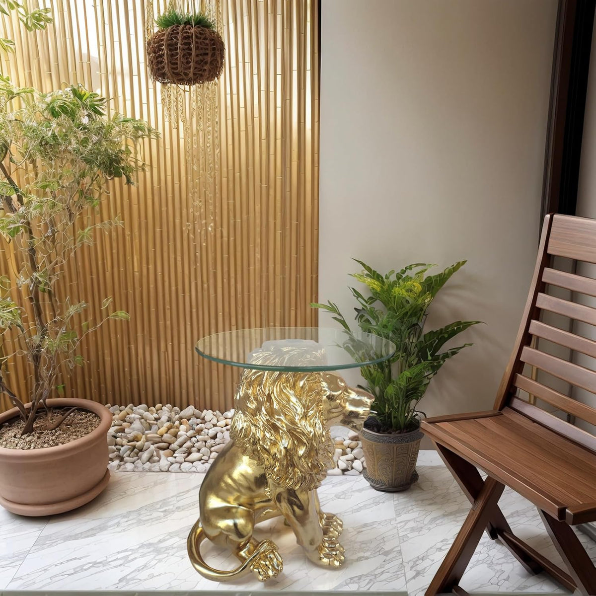 Lion Statue Side Table, 13 inch Tempered Glass Coffee Table