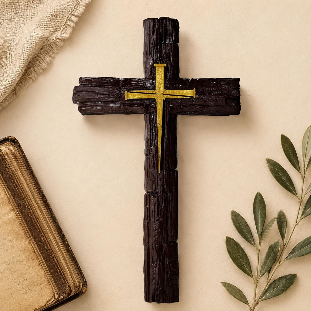 Rustic Christian Wall Cross, Resin Wall Decor with Woodgrain Finish, 10.4"