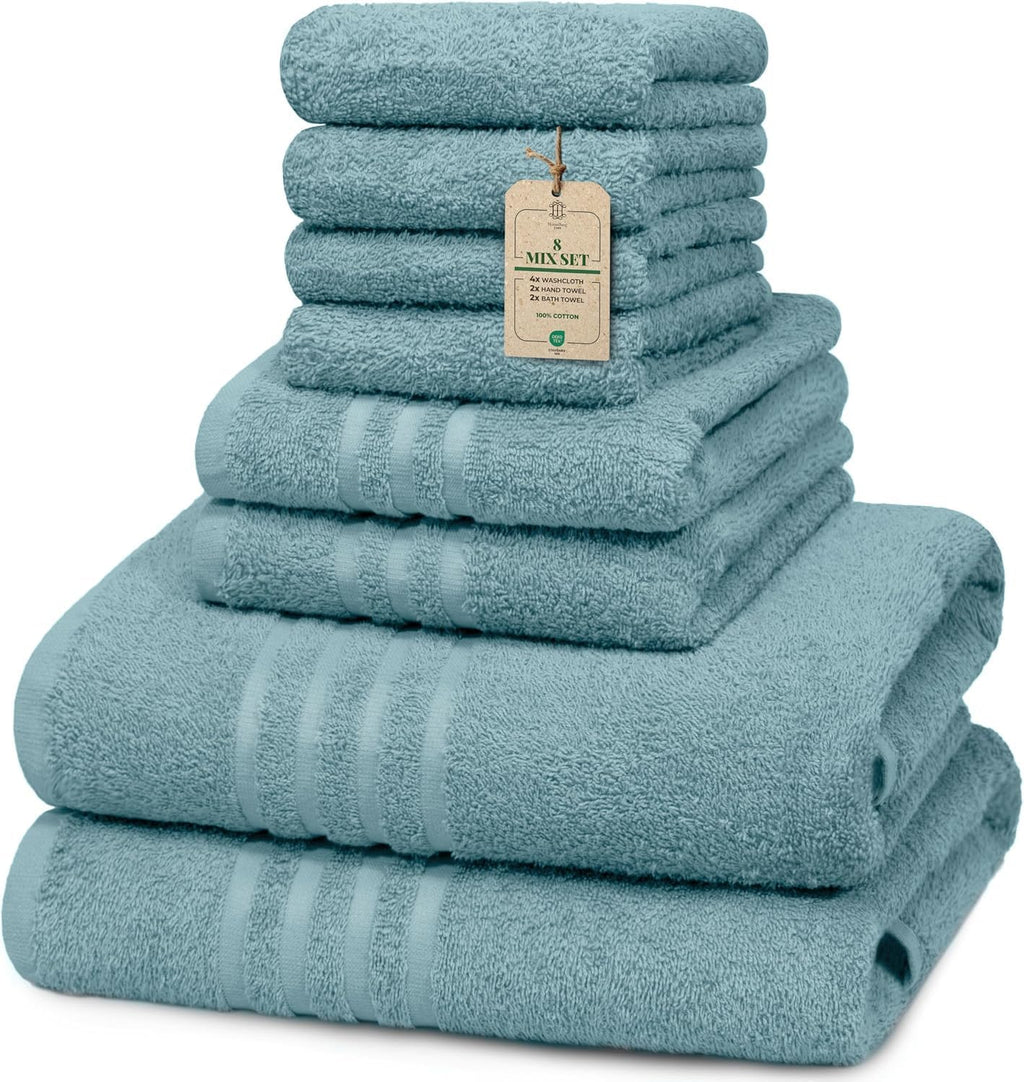 CORE 8-Piece Cotton Towel Set for Bathroom | Value Pack, Soft, Absorbent, Lightweight, Minimalist — 2 Bath Towels (27x54 in), 2 Hand Towels (16x24 in) & 4 Washcloths (12x12 in), Soft Teal