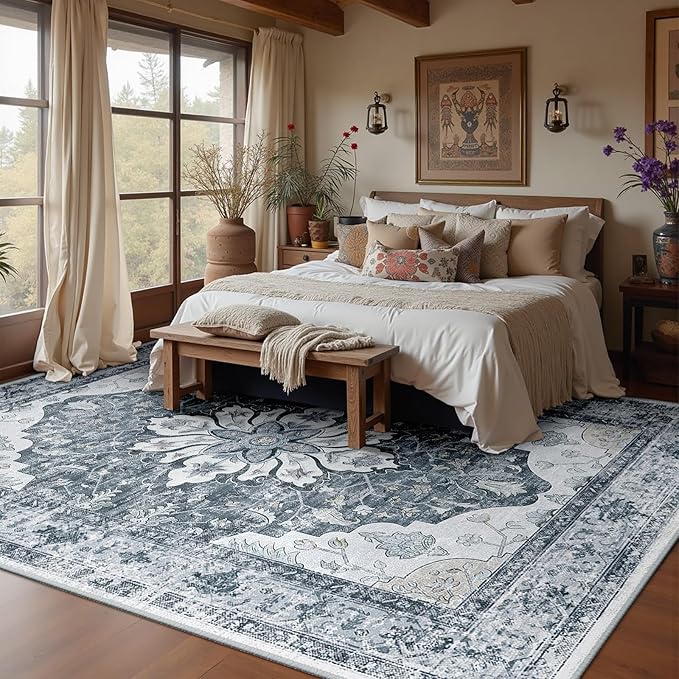 RELEANY Area Rugs 6'x8' Washable Non-Slip, Floral Vintage Distress Print by RELEANY
