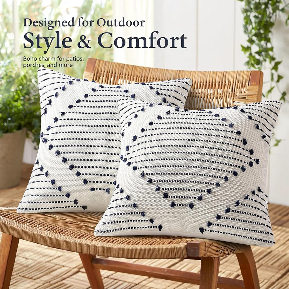 Mecatny Boho Outdoor Throw Pillow Covers 18x18 Set of 2 Navy & Cream White