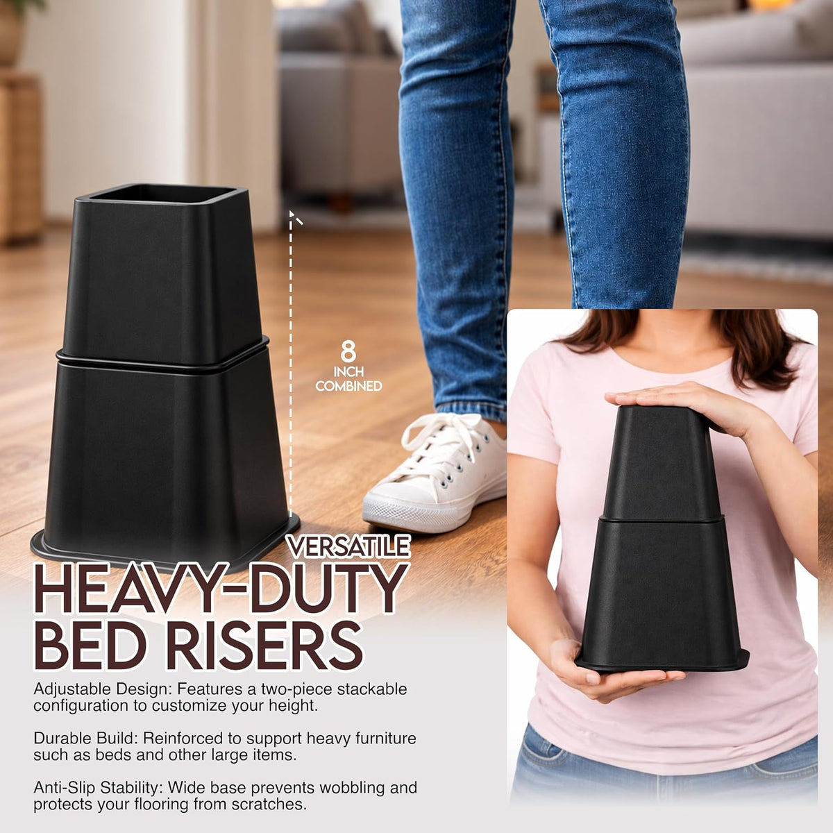 Utopia Bedding Heavy Duty Bed Risers, 3, 5, 8 Inch, Pack of 4, Black