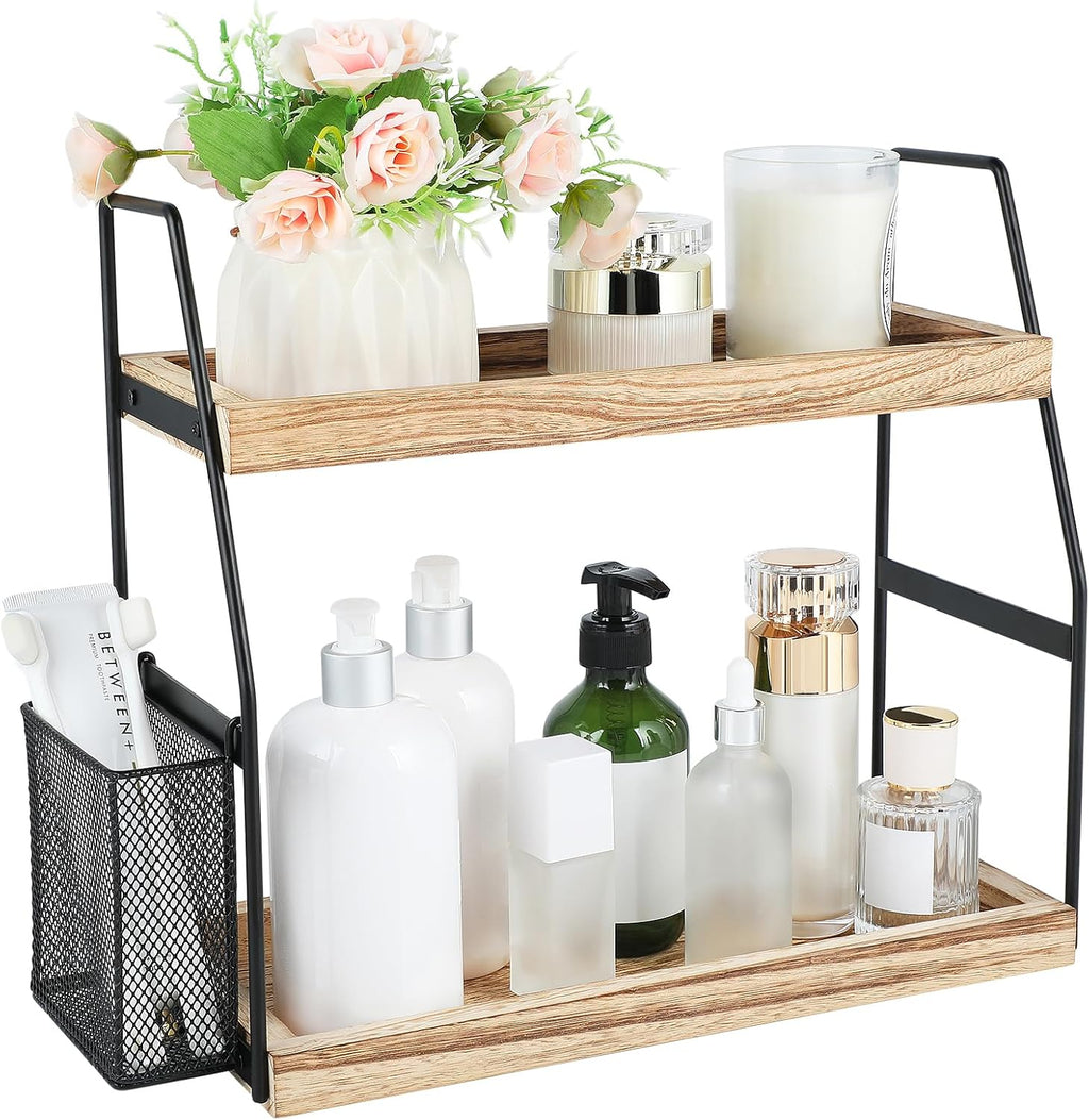 Uneviesyka Bathroom Counter Organizer, 2-Tier Standing Storage Shelf with Basket, Wood Tray for Skincare Vanity Organizer