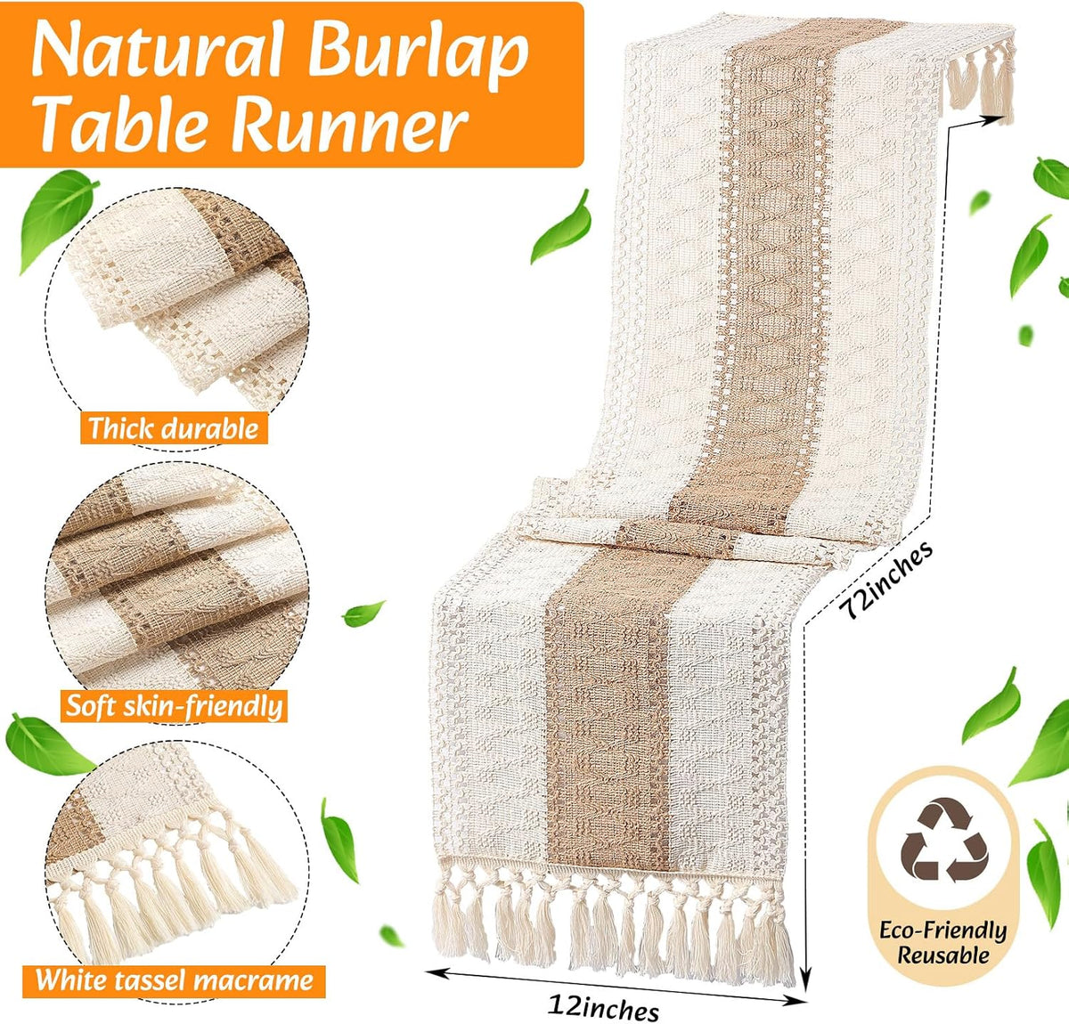 6 Sets Boho Table Runner and Woven Round Placemats Set, Khaki, 12x72