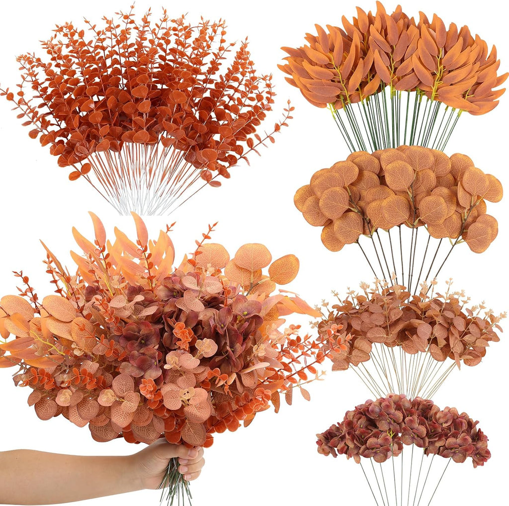 200 Pcs 8 Kinds Mixed Artificial Eucalyptus Stems Bulk Fake Silver Dollar Eucalyptus White Seeds Stems Bundle Faux Plants Greenery for DIY Bouquets Floral Arrangement Wedding Engagement Party Decor