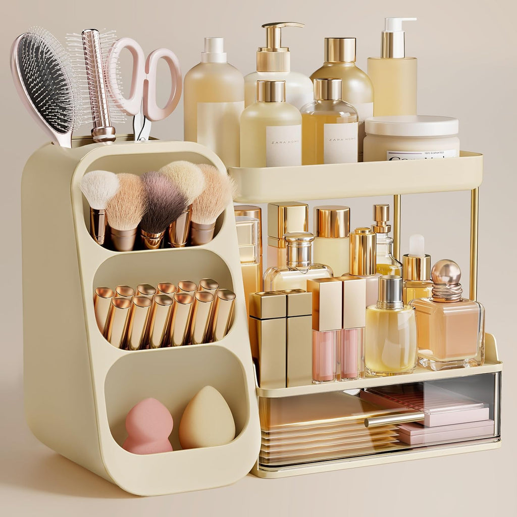 HBlife Bathroom Organizers and Storage with Brush Holder for Vanity, 3 Tier Plastic Makeup Organizer for Dresser Counter, Skincare, Lipstick, Perfume, and Cosmetic Storage