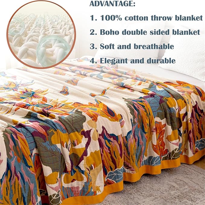 MSGKV Boho Throw Blanket for Bed 100% Cotton Throw Floral Couch Blanket - Image 5