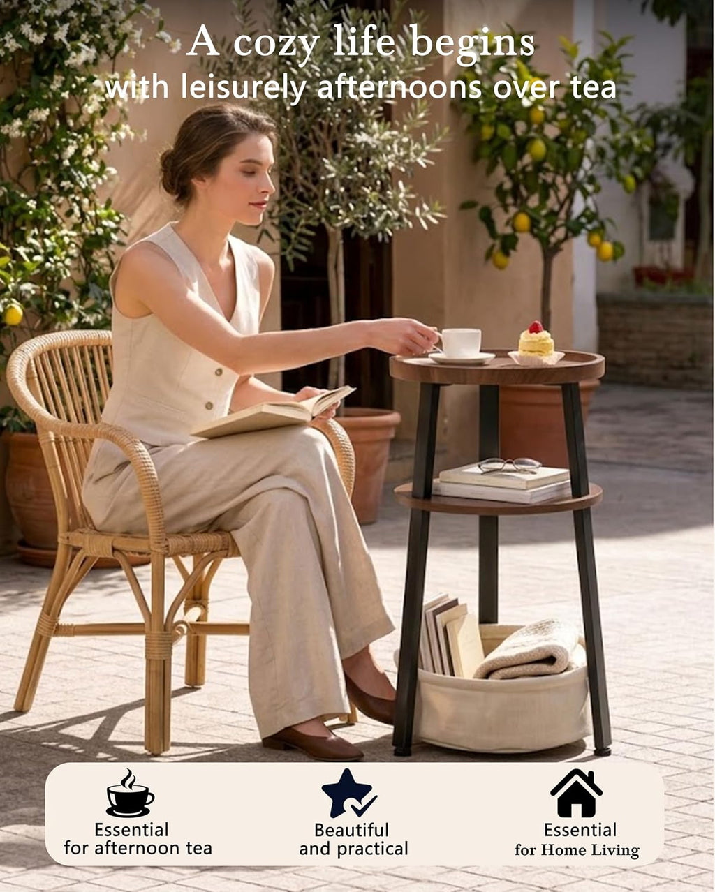 Small Round Side Table, 3-Tier End Table with Storage Basket