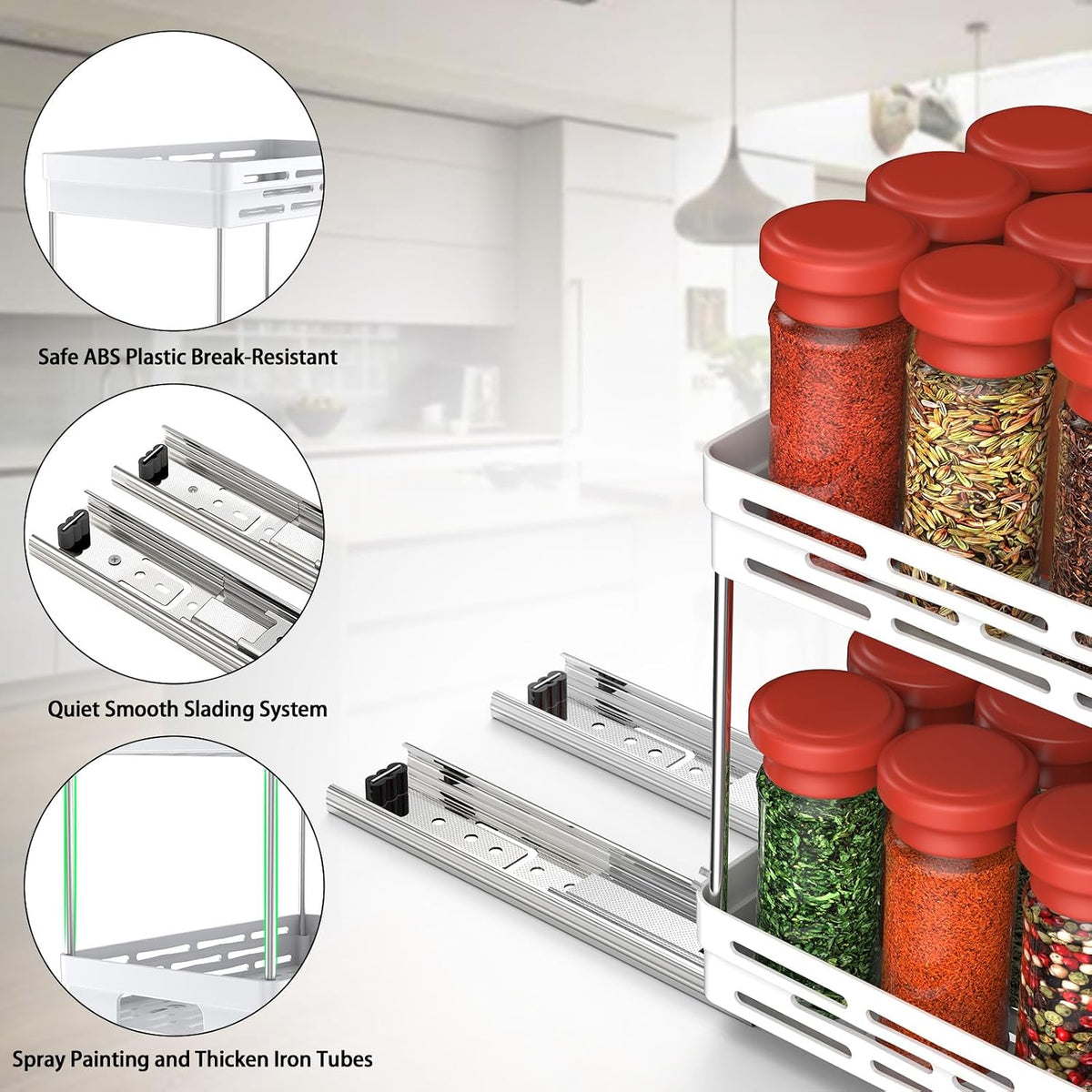 Pull Out Spice Rack Organizer for Cabinet, 2 Pack Widen Slide Out Spice Racks Organizer, Spice Cabinet Organizers, Cabinet Size Need:12'' Highx11'' Deepx6.75'' Wide,Hold 15 Spice Jar Each Tier-2Tier