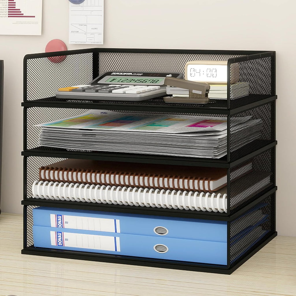 4-Tier Stackable Metal Mesh Letter Paper Tray Organizer,Black