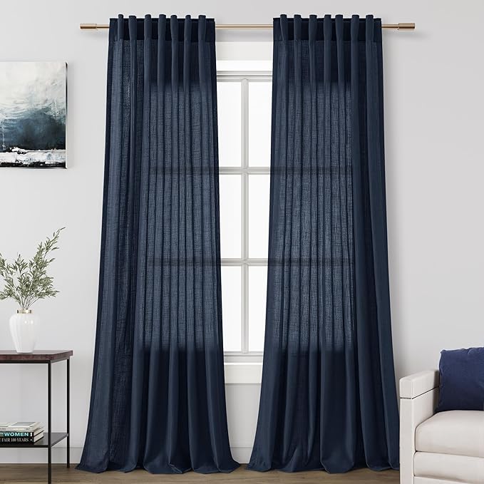 Navy Blue Linen Curtains 90 inch Length by Nanspring