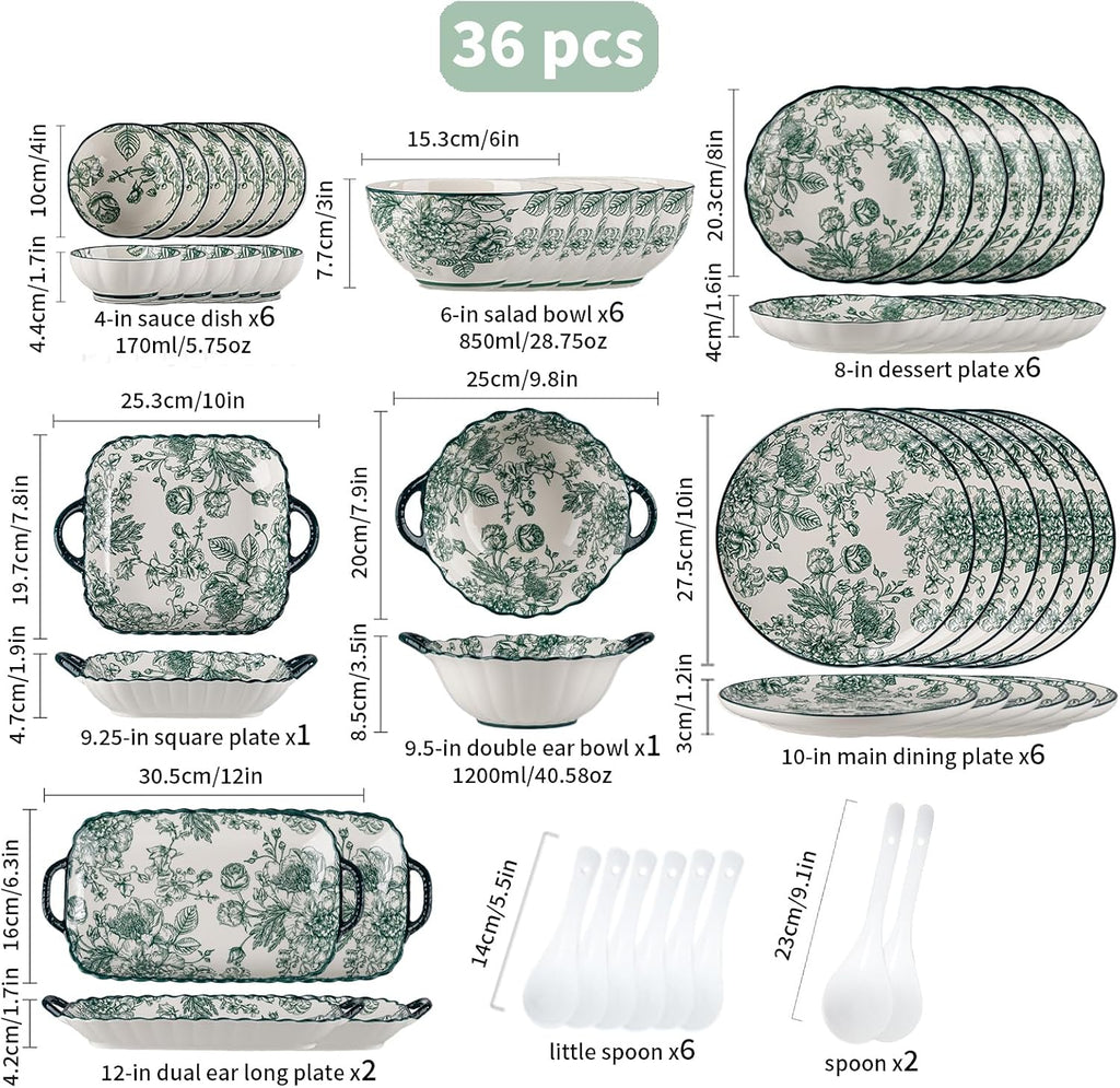 Ceramic Dinnerware Set, Series Kavara Ⅱ, (Green Rose)