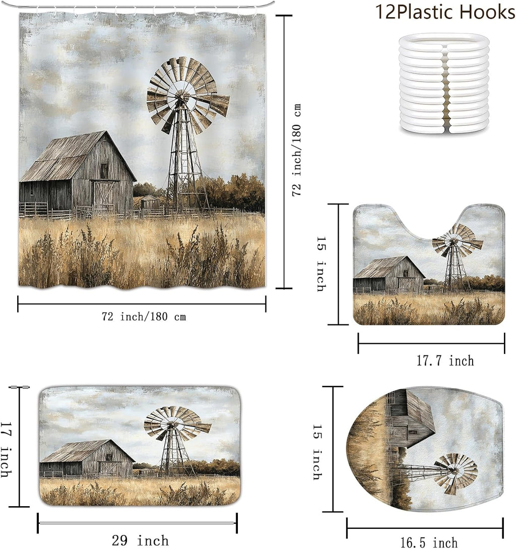 4PCS Rustic Barn Windmill Shower Curtain Set, Western Farm Barn Farmhouse Bathroom Accessories with Non-Slip Rugs, Toilet Lid Cover Bath Mat and 12 Hooks, Home Decor 72" x 72"