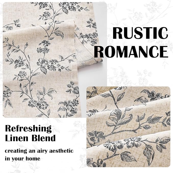 Lazzzy Farmhouse Linen Curtains Black Floral Curtains 90 Inch Length Back Tab - Image 5