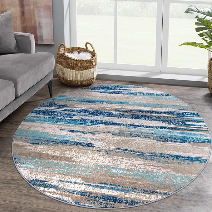 Lansny Modern Abstract Round Rug 5Ft, Circular Dining Room Rugs Thin Print Faux - Image 2