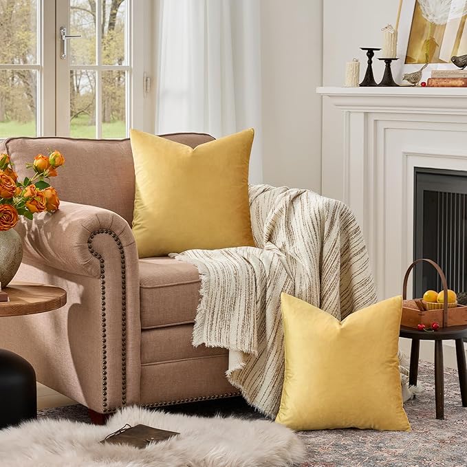 GIGIZAZA Yellow Velvet Decorative Throw Pillow Covers 20x20 inch - Image 3