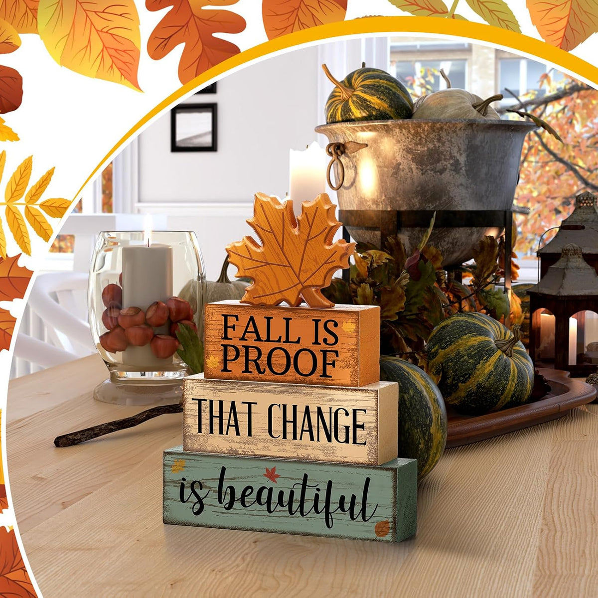 Lineshading 4 Pcs Fall Decoration For Home Wooden Maple Leaf Stacked Decor