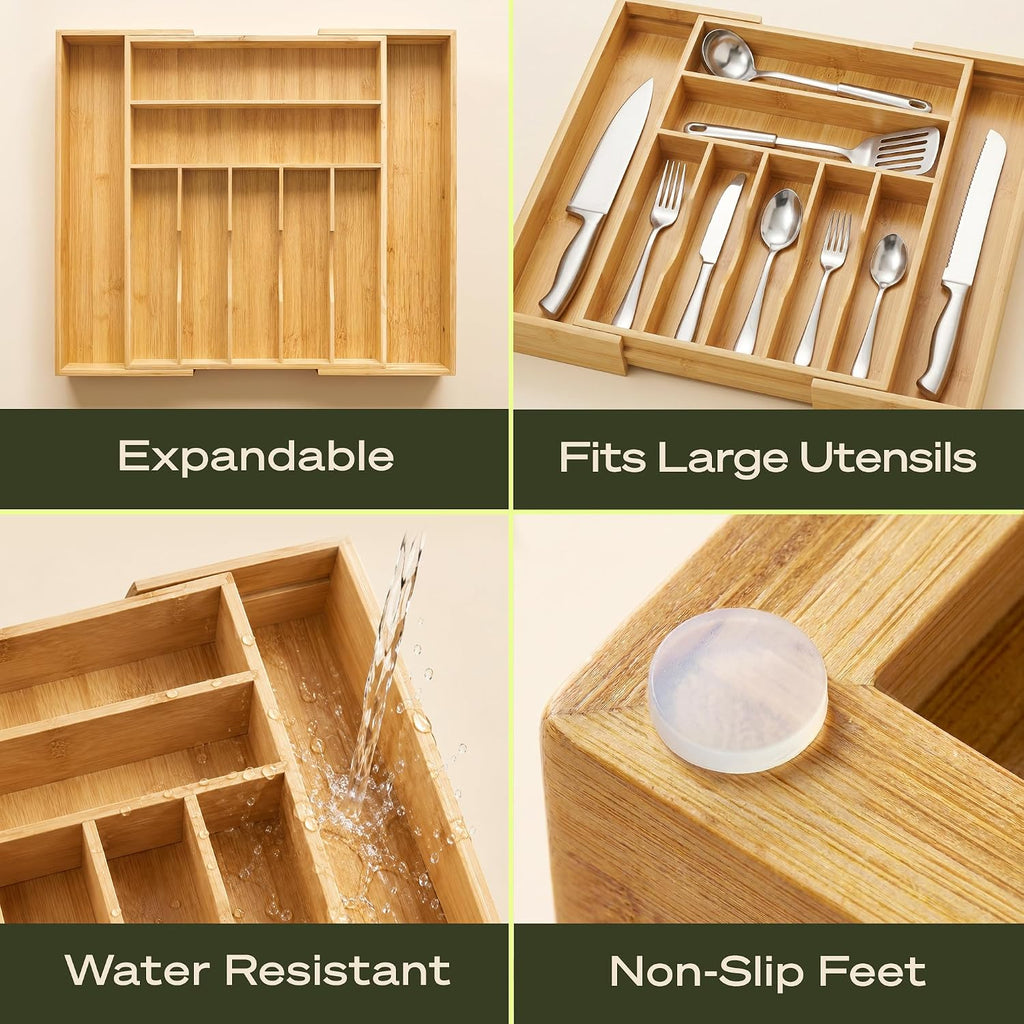 ROYAL CRAFT WOOD Luxury Bamboo Kitchen Drawer Organizer for Kitchen Organization - Silverware Organizer, Utensil Holder & Cutlery Tray Drawer Dividers for Flatware Silverware Storage, 9 Slot, Natural
