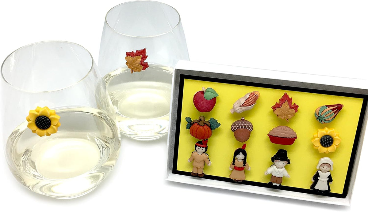 Simply Charmed Thanksgiving Magnetic Wine Glass Charms - Set of 12 Drink Markers