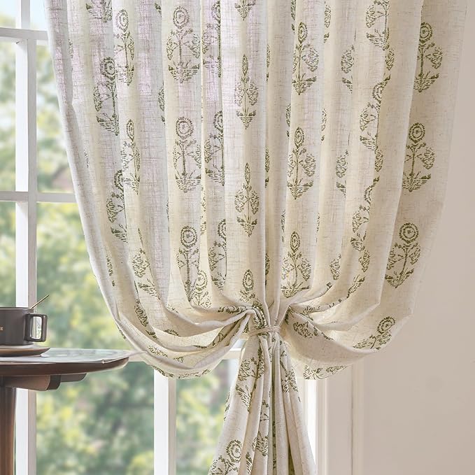 jinchan Linen Floral Curtains for Living Room 84 Inch Length Green Flower - Image 7
