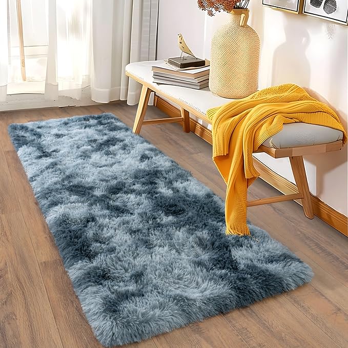 Soft Runner Rugs for Bedroom Hallways, 2x5 Tie-Dyed Blue Grey Fluffy Shag Throw - Image 3