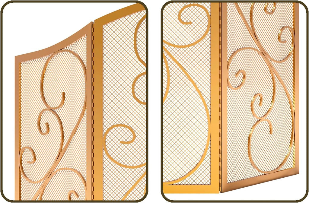 Fire Beauty Fireplace Screen 3 Panel Wrought Iron Metal 48"(L) x30(H) Spark Guard Cover(Golden Dusting)