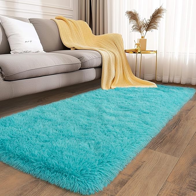 Soft Runner Rugs for Bedroom Hallways, 2x6 Teal Blue Fluffy Shag Throw Area Rug - Image 3