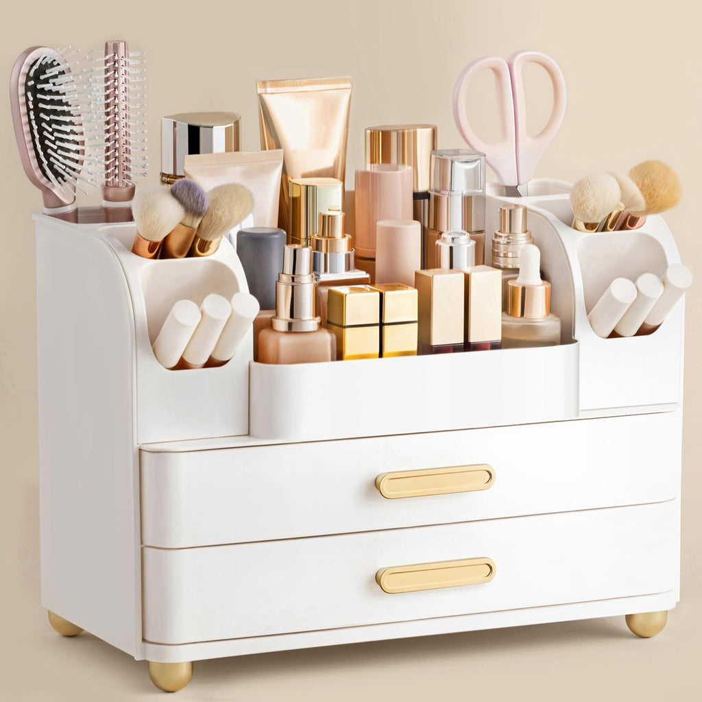 HBlife Makeup Organizer for Vanity with Brush Holder, Large Bathroom Countertop Cosmetic Organizer Skin Care Storage, Easy to Store Nail Polishes, Perfumes, Eyeshadow Palettes, Pearl All White