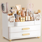 HBlife Makeup Organizer for Vanity with Brush Holder, Large Bathroom Countertop Cosmetic Organizer Skin Care Storage, Easy to Store Nail Polishes, Perfumes, Eyeshadow Palettes, Pearl All White