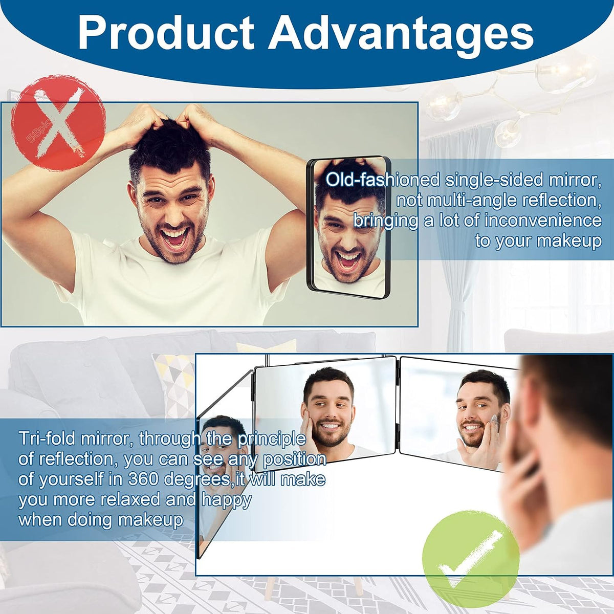 LMZNXCZ 3 Way Mirror for Self Hair Cutting,360 Haircuts Men for Barber Use Tools,to See Back of Head,Tri Fold Mirror with Portable Height Adjustable Telescoping Hooks