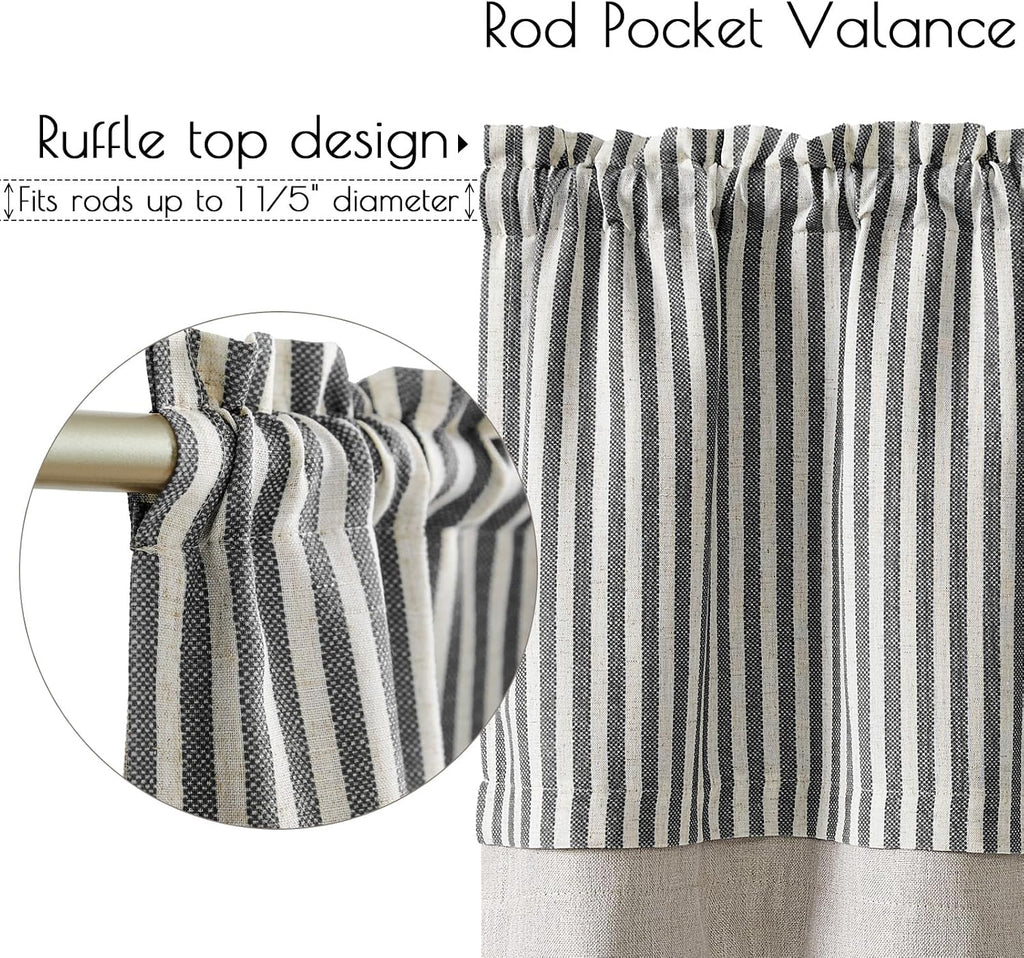 jinchan Stripe Linen Kitchen Valance Curtain, 50x16, 1 Panel, Grey