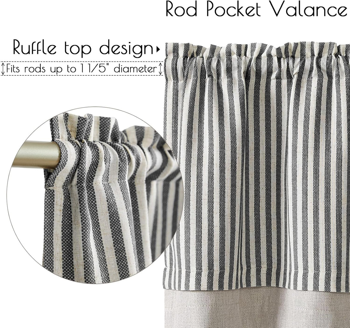 jinchan Stripe Linen Kitchen Valance Curtain, 50x16, 1 Panel, Grey