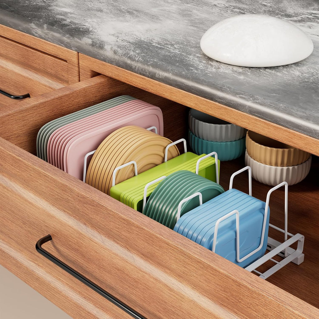 Food Container Lid Organizer Rack with Adjustable 6 Dividers, White