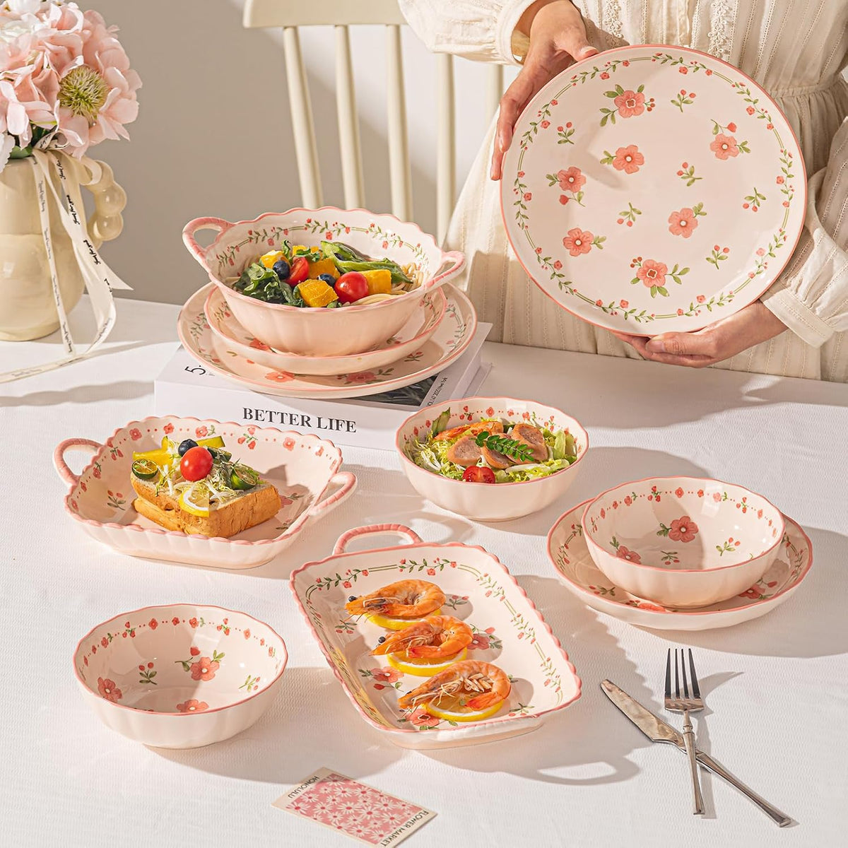Ceramic Dinnerware Set, Series Kavara Ⅱ, (Pink Peach Blossom)