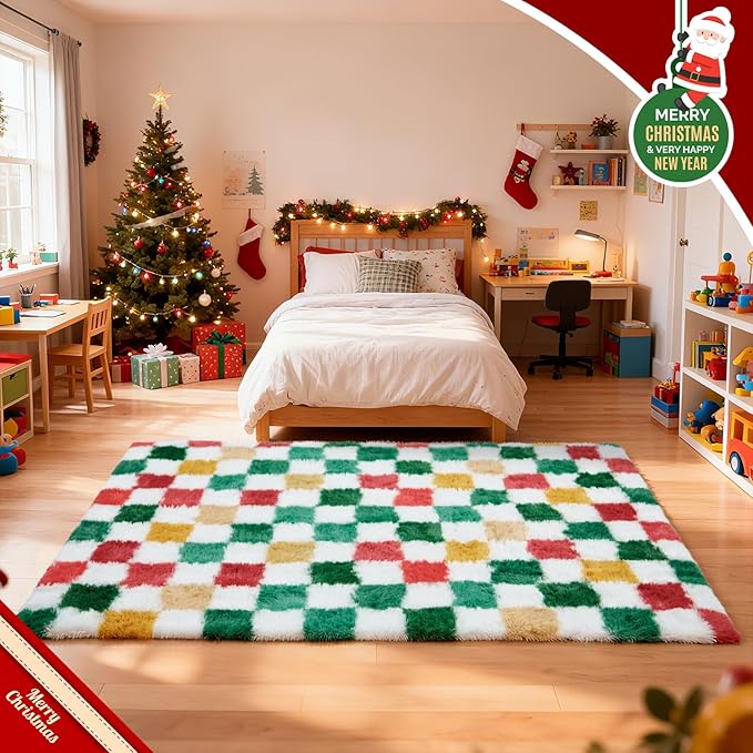 Checkered Area Rug 4x6 for Bedroom Living Room, Christmas Shag Rug Fuzzy Shaggy - Image 4