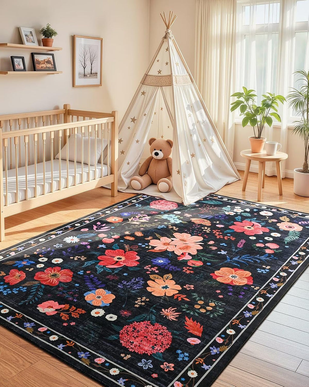 Macgace Floral Area Rug for Living Room, Machine Washable 5x7 Black Rugs