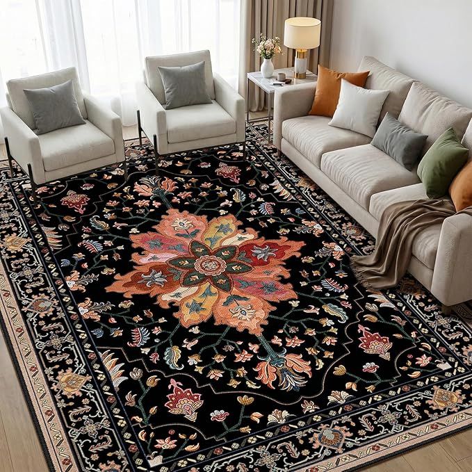Area Rugs 5'x7' Washable Non-Slip, Floral Vintage Distress Print Pattern by RELEANY