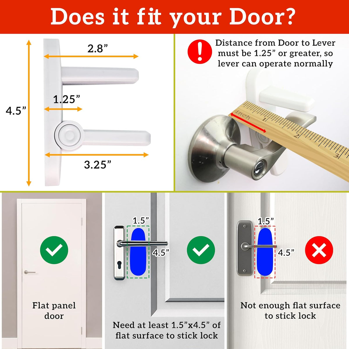 Door Lever Locks (4 Pack) - Prevents Toddlers from Opening Doors - Durable ABS with 3M Adhesive - Easy One-Hand Operation for Adults, No Tools Needed