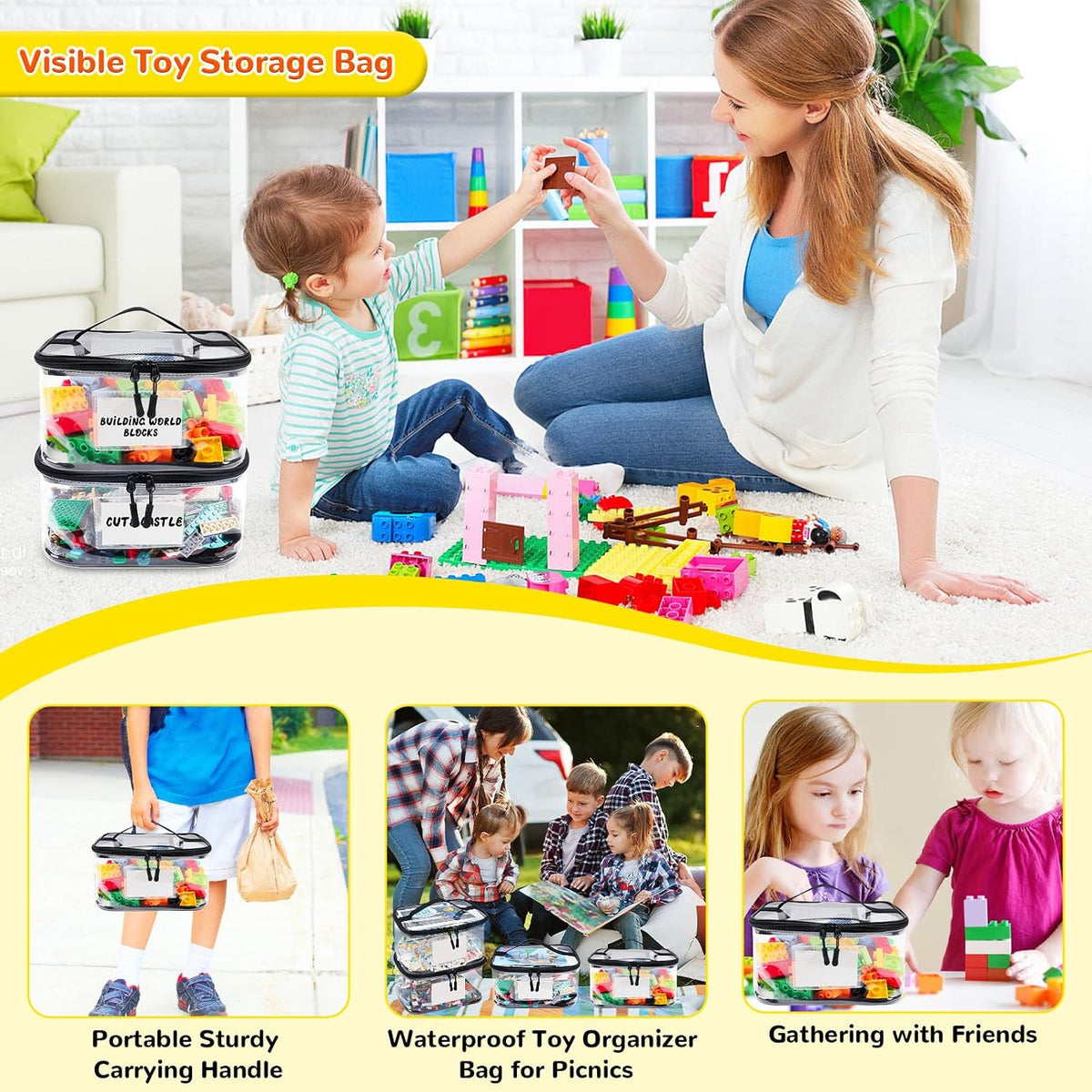 6 Pack Clear Toy Storage Bag with Name Tag& Manual Pocket, Waterproof Transparent PVC Toy Organizer Case for Lego Bricks, Board Games, Building Blocks, Puzzles (Large Capacity, Black)