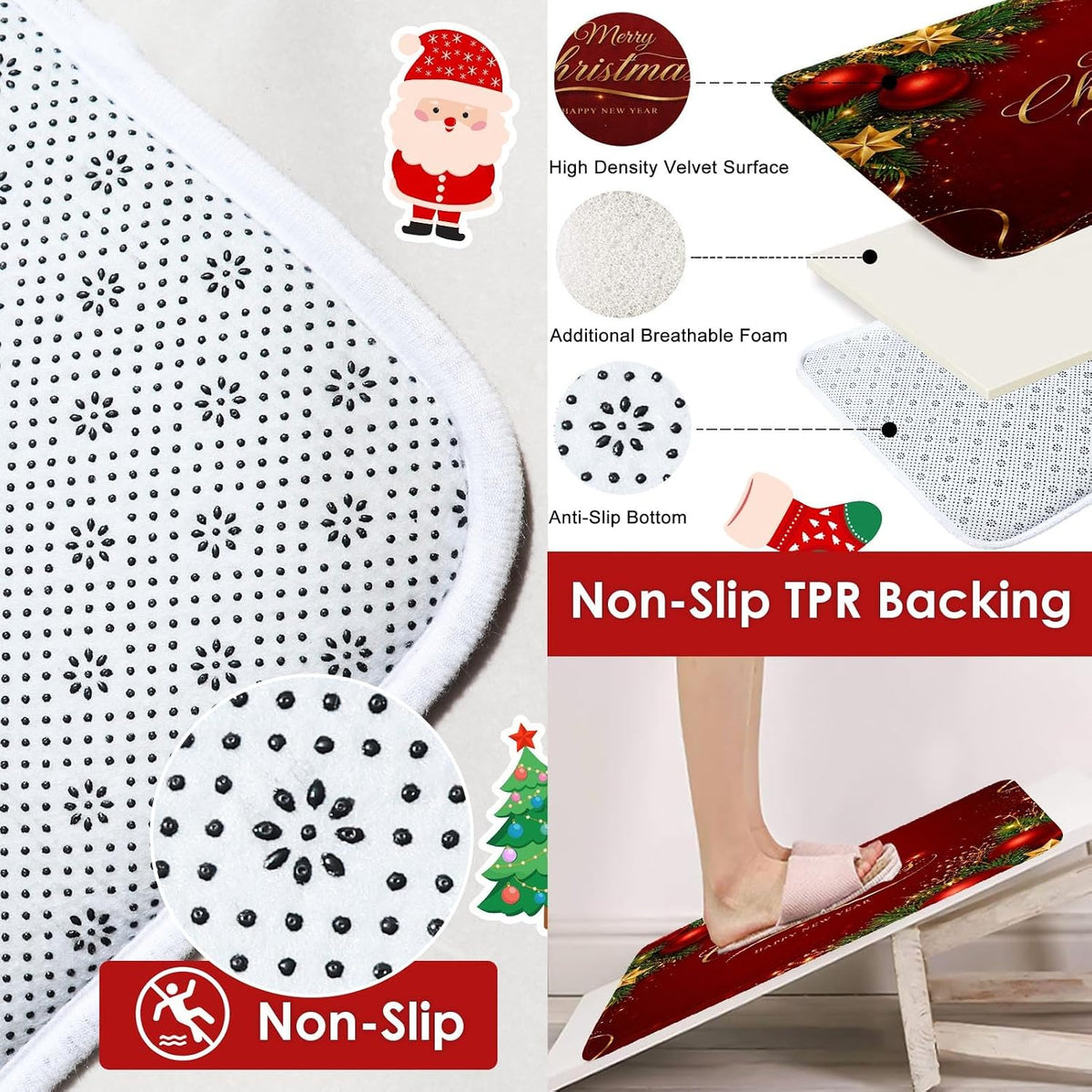 ArtSocket Christmas Bathroom Sets with Shower Curtain and Rugs, Red Gold