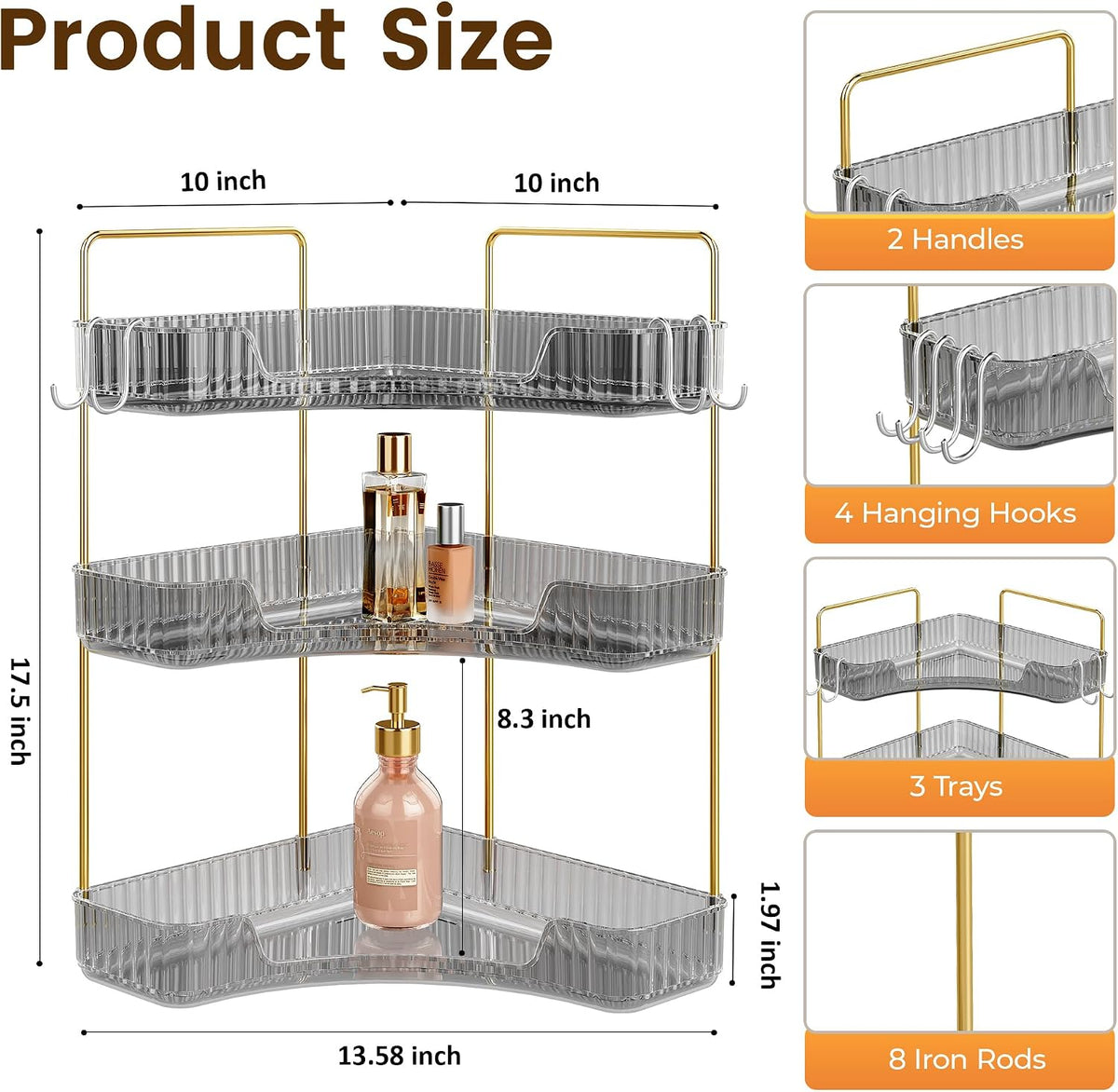 Bathroom Counter Organizer 3-Tier Corner Organizer with Hooks