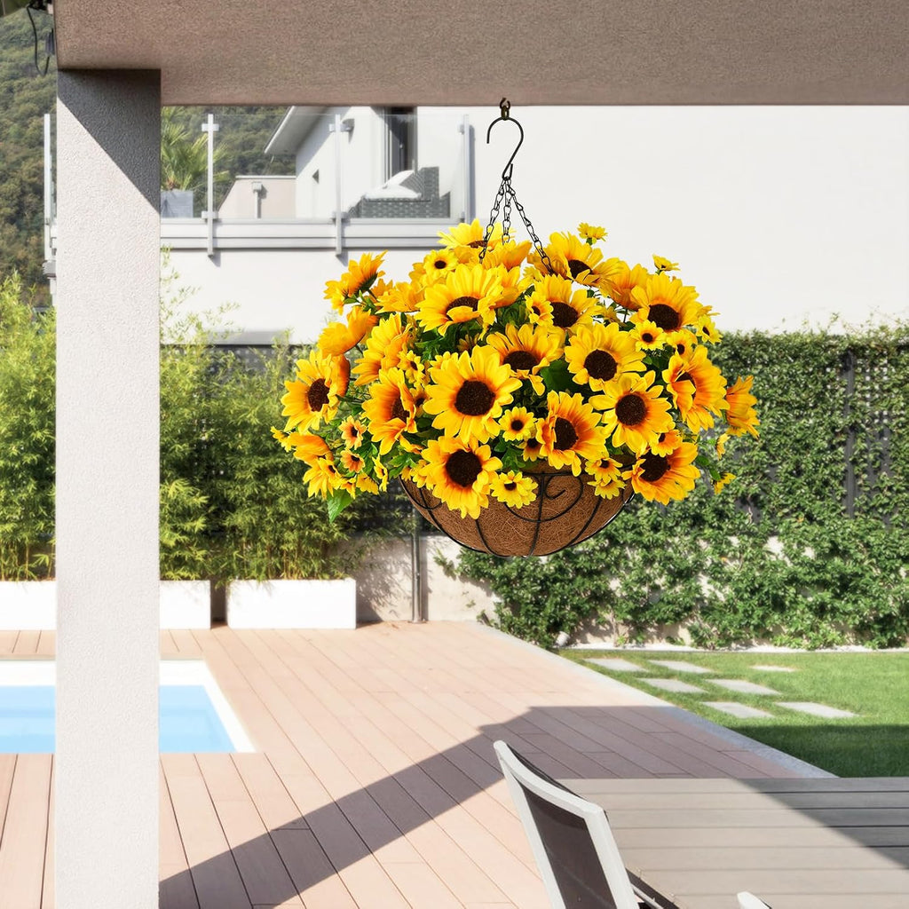 Artificial Sunflowers Fake Hanging Flowers Baskets for Outdoor Decoration