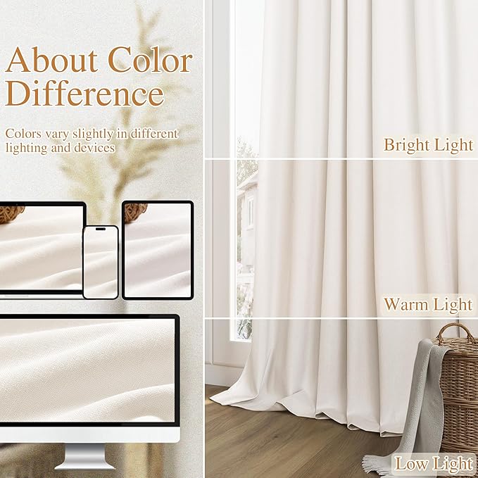 Ivory 100% Blackout Linen Curtains 63 Inch Length 2 Panels Set - Image 7