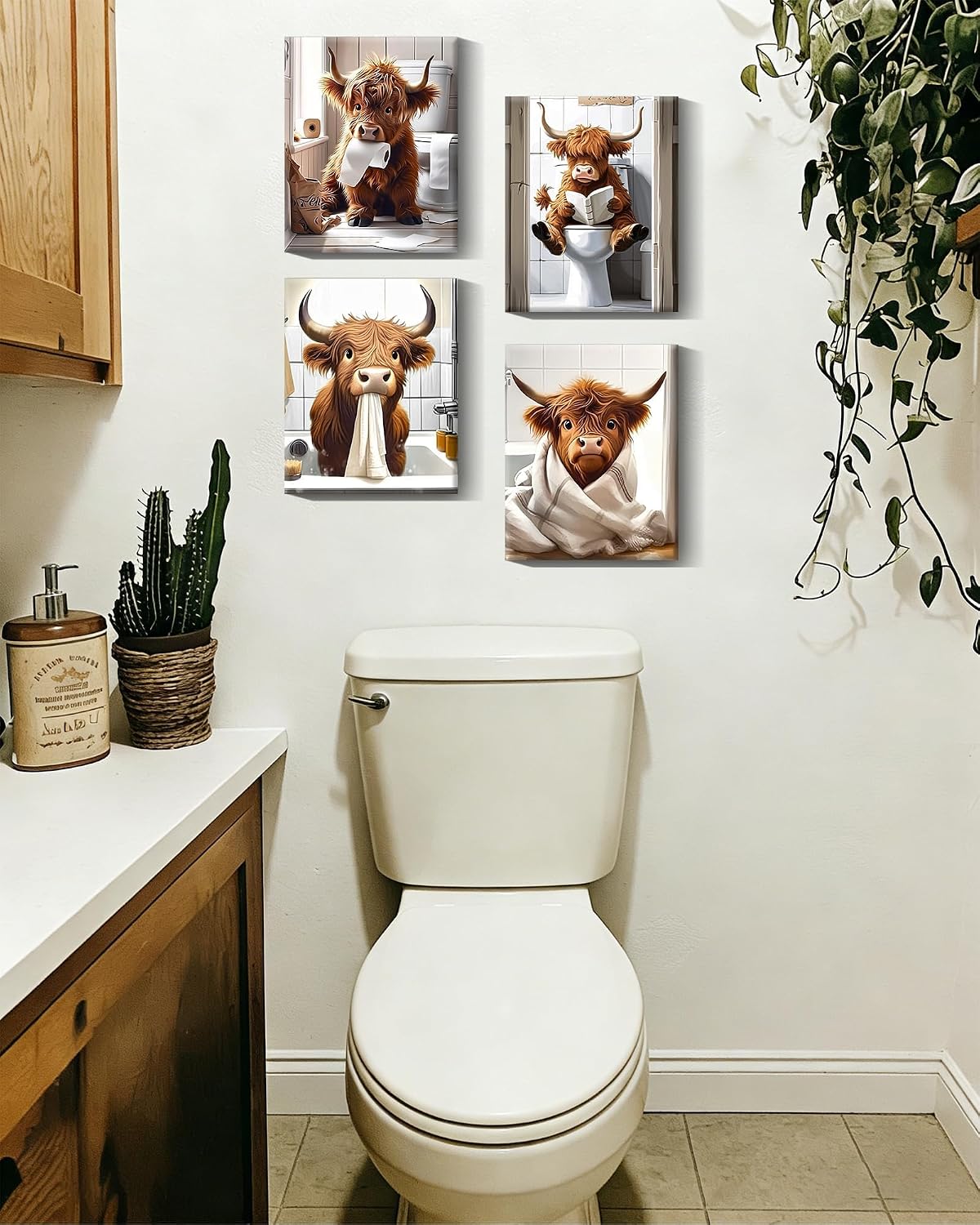 Drsoum Cute Highland Cow Bathroom Framed Wall Art Funny Animal Rustic Canvas Prints for Bathroom Restroom Decor 8x10in (Framed)